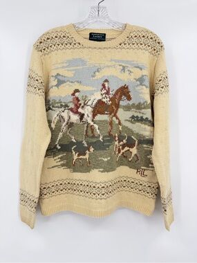 Lauren Ralph Lauren Hand Knit Equestrian Fox Hunt Sweater Cotton Linen Size L